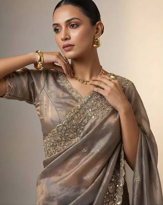 Beige embellished saree with embellished blouse 4