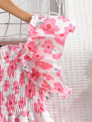 White & pink floral printed cotton smocked puff sleeve fit & flare girls dress 4