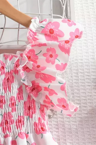 White & pink floral printed cotton smocked puff sleeve fit & flare girls dress