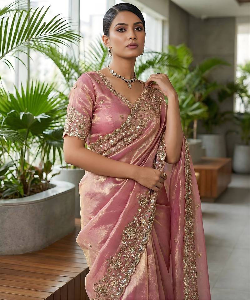 Pink embellished saree with embellished blouse
