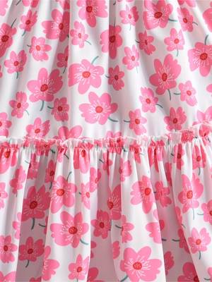 White & pink floral printed cotton smocked puff sleeve fit & flare girls dress 5