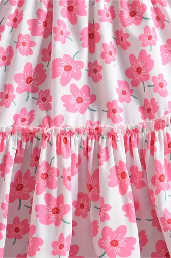 White & pink floral printed cotton smocked puff sleeve fit & flare girls dress