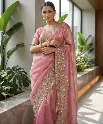 Pink embellished saree with embellished blouse 4