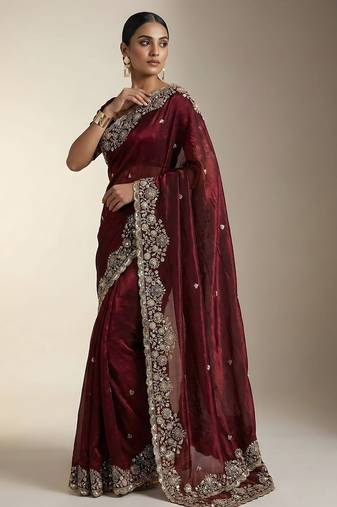 Maroon embellished saree with embellished blouse
