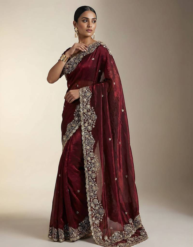 Maroon embellished saree with embellished blouse