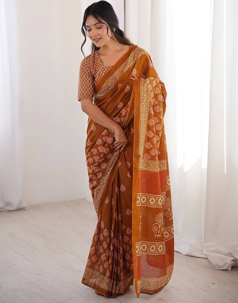 Musterd bloue piece with cotton printed saree