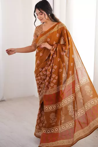 Musterd bloue piece with cotton printed saree
