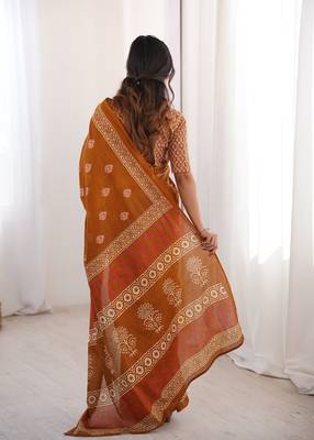 Musterd bloue piece with cotton printed saree 3