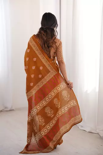Musterd bloue piece with cotton printed saree