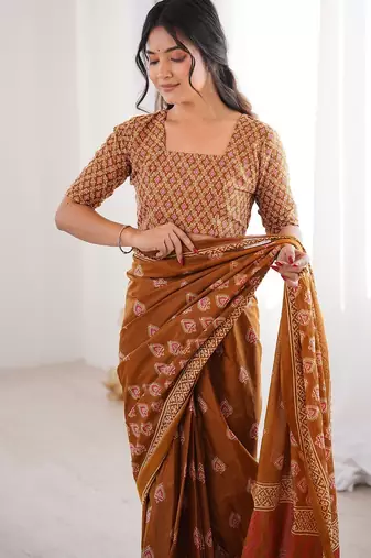 Musterd bloue piece with cotton printed saree