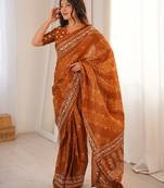 Musterd bloue piece with cotton printed saree