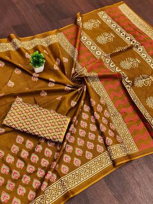 Musterd bloue piece with cotton printed saree 5