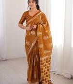 Musterd bloue piece with cotton printed saree
