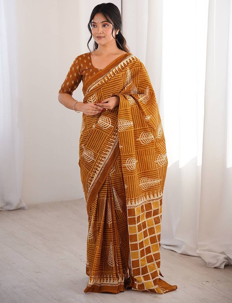 Musterd bloue piece with cotton printed saree
