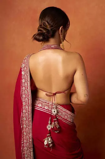 Red embroidered blouse with embroidered saree