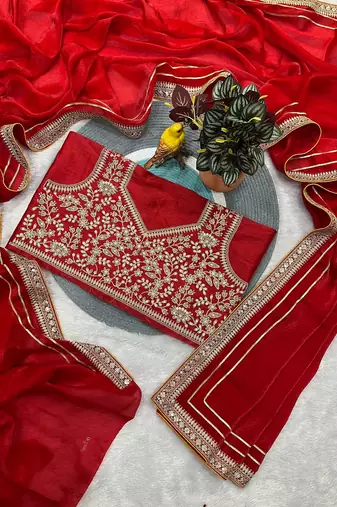 Red embroidered blouse with embroidered saree