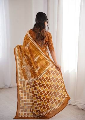 Musterd bloue piece with cotton printed saree 3
