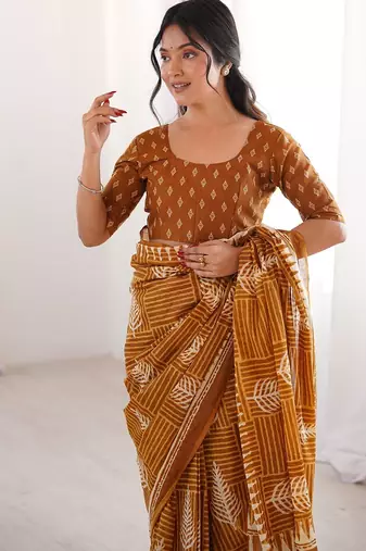 Musterd bloue piece with cotton printed saree