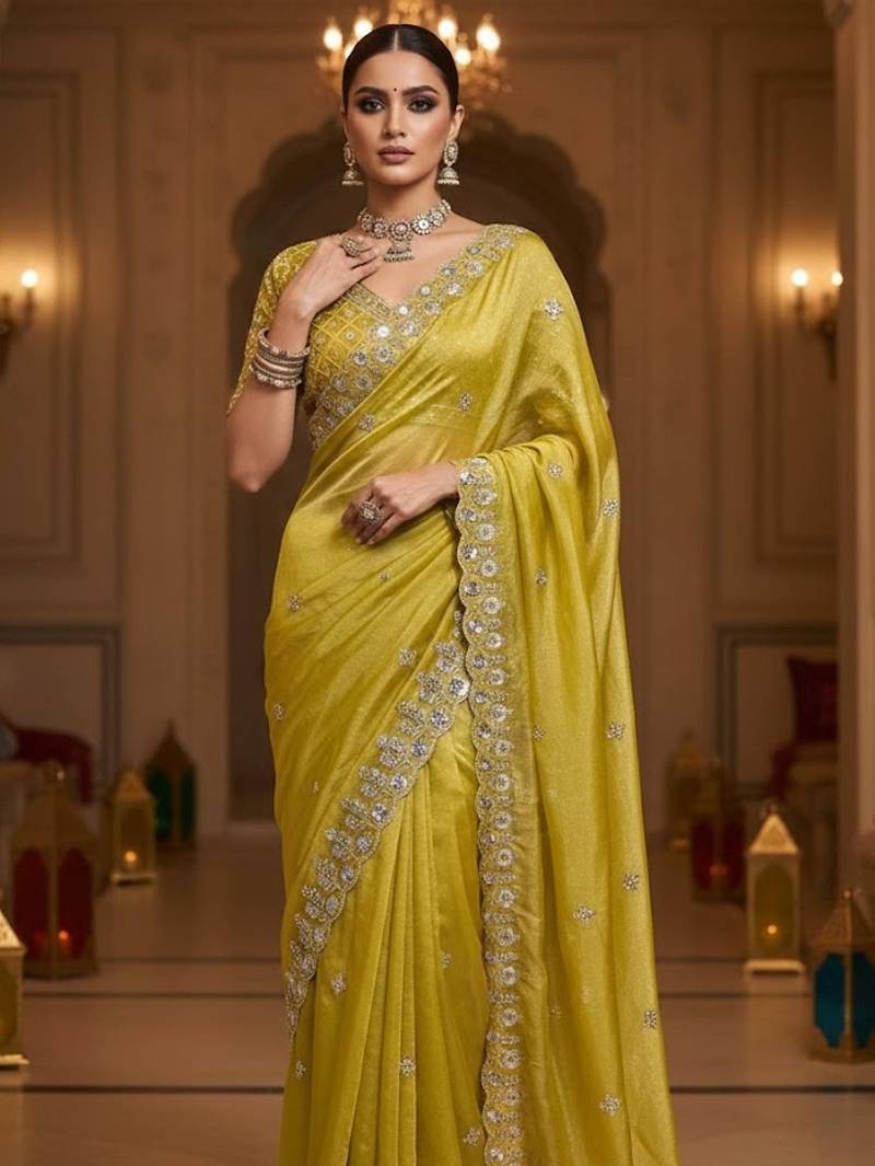 Yellow embellished saree with embellished blouse