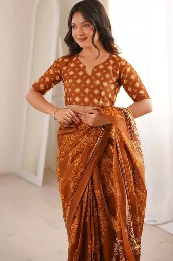 Musterd bloue piece with cotton printed saree