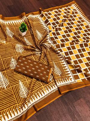 Musterd bloue piece with cotton printed saree 5