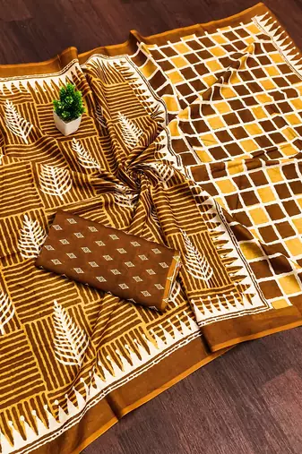 Musterd bloue piece with cotton printed saree