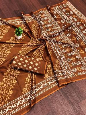 Musterd bloue piece with cotton printed saree 5