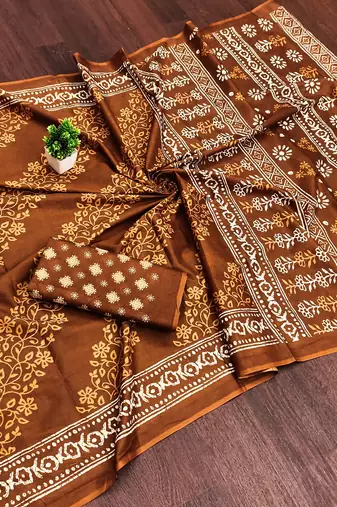 Musterd bloue piece with cotton printed saree