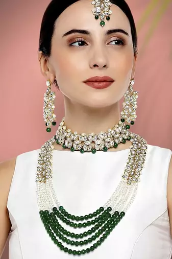 Aheli indian traditional kundan bridal necklace jewellery set with earring maang tikka for women