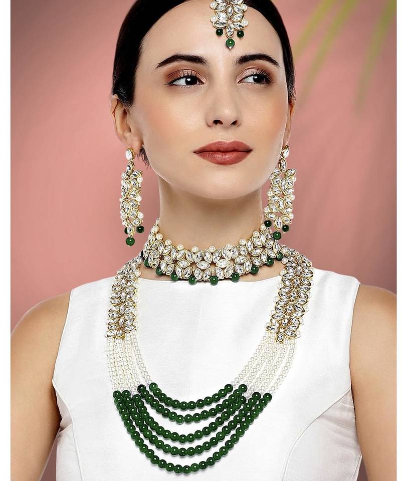 Aheli indian traditional kundan bridal necklace jewellery set with earring maang tikka for women
