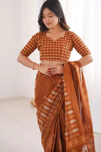Musterd bloue piece with cotton printed saree