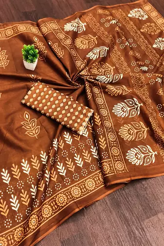 Musterd bloue piece with cotton printed saree