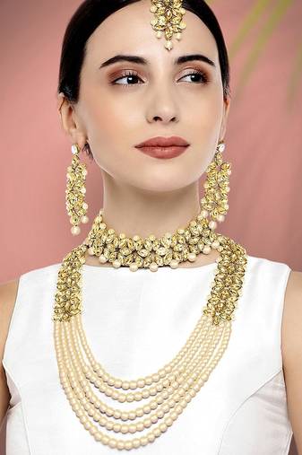 Aheli traditional kundan long necklace jewellery set with earring maang tikka for women