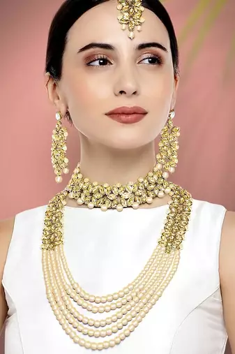 Aheli traditional kundan long necklace jewellery set with earring maang tikka for women
