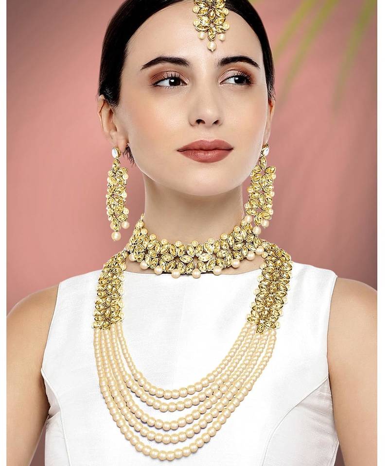 Aheli traditional kundan long necklace jewellery set with earring maang tikka for women