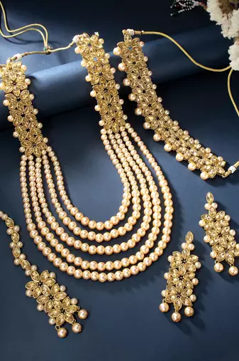Aheli traditional kundan long necklace jewellery set with earring maang tikka for women