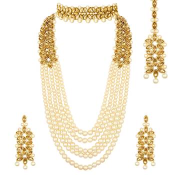 Aheli traditional kundan long necklace jewellery set with earring maang tikka for women 3