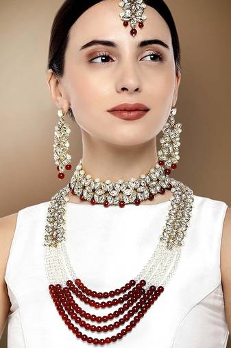 Aheli traditional kundan wedding bridal necklace jewellery set with earring maang tikka for women