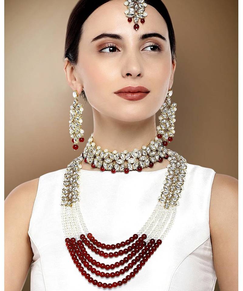 Aheli traditional kundan wedding bridal necklace jewellery set with earring maang tikka for women
