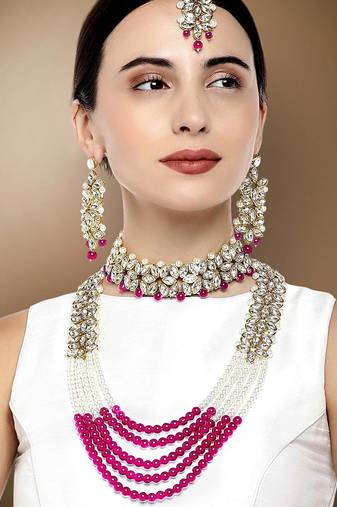 Aheli traditional kundan long necklace jewellery set with earring maang tikka for women