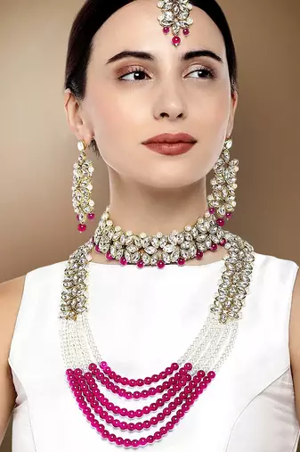 Aheli traditional kundan long necklace jewellery set with earring maang tikka for women