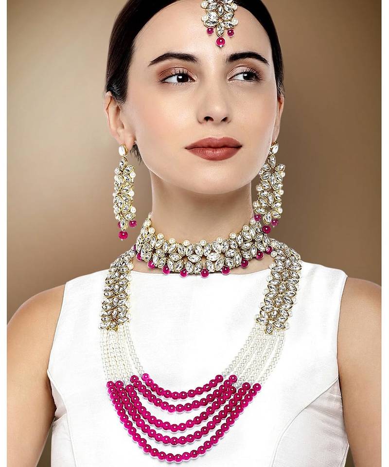 Aheli traditional kundan long necklace jewellery set with earring maang tikka for women
