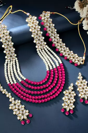 Aheli traditional kundan long necklace jewellery set with earring maang tikka for women
