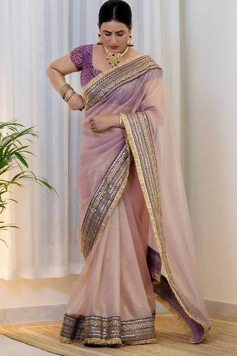 Purple embroidered blouse with embroidered saree