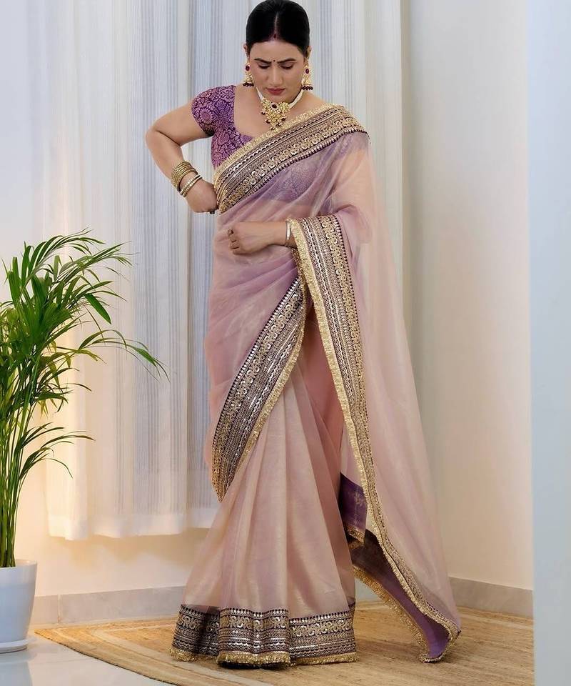 Purple embroidered blouse with embroidered saree