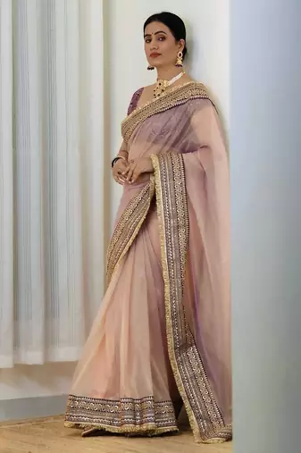 Purple embroidered blouse with embroidered saree