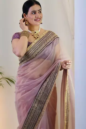 Purple embroidered blouse with embroidered saree
