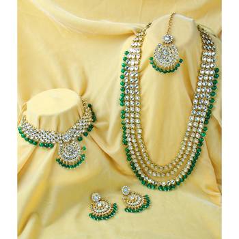 Aheli kundan bridal long necklace choker earrings maangtikka jewellery set for women 1