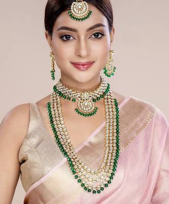 Aheli kundan bridal long necklace choker earrings maangtikka jewellery set for women 2