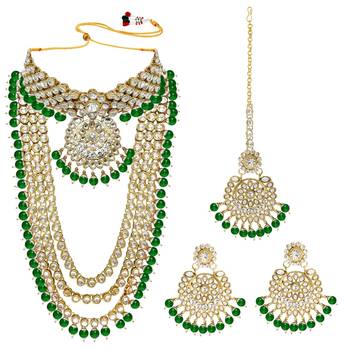 Aheli kundan bridal long necklace choker earrings maangtikka jewellery set for women 3